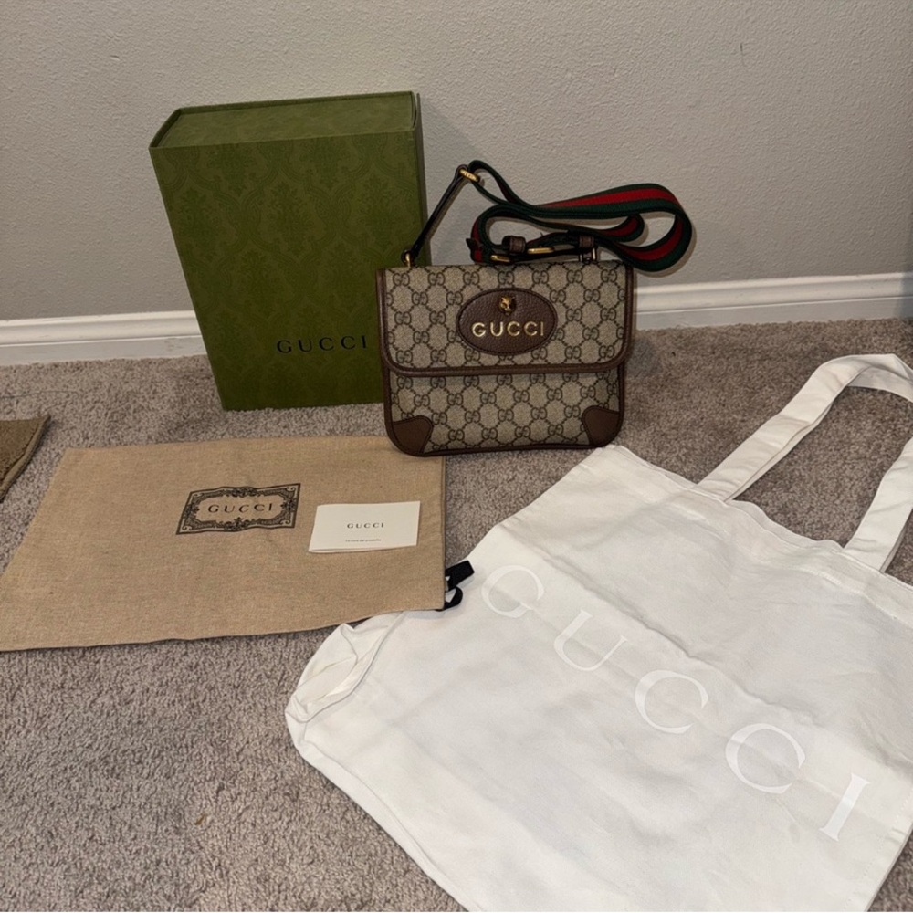 Gucci Beige Monogram Crossbody with Brown Trim and Red-Green Web Strap